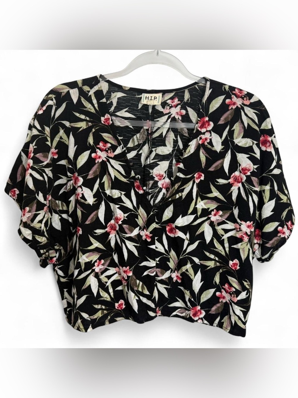 H.I.P. black red green boxy floral v-neck crop top lightweight beach summer boho